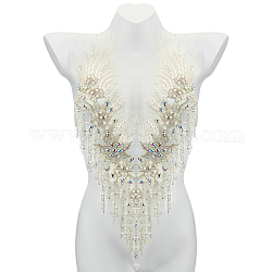 Cuello de strass de encaje floral bordado de poliéster, ajuste del escote, apliques de costura de ropa, Con perlas de imitación de plástico., blanco, 570x296x6.5mm