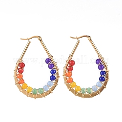 Chakra Jewelry, Natural & Dyed Malaysia Jade Hoop Earrings, with 304 Stainless Steel Earring Hoop and Cardboard Box, Teardrop, Colorful, Golden, 52x4.5mm