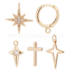 BENECREAT 16Pcs Brass Pendants, with Brass Huggie Hoop Earring Findings, Cross & Star & Ring, Real 18K Gold Plated, 16pcs/bag
