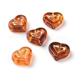 Perles acryliques, ambre d'imitation, métal doré enlaça, cœur, chocolat, 12.5x14.7x5mm, Trou: 1.8mm, environ 750 pcs/500 g
