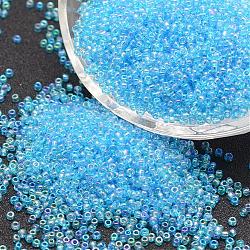 8/0 Round Glass Seed Beads, Grade A, Transparent Colours Rainbow, Deep Sky Blue, 2.8~3.2mm, Hole: 1.0mm, about 15000pcs/pound