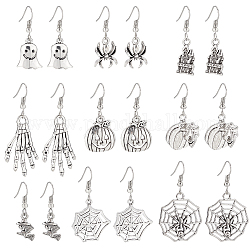 ANATTASOUL 9 Pairs 9 Style Spider & Castle & Witch & Pumpkin Alloy Dangle Earrings for Halloween, Antique Silver, 33~53mm, Pin: 0.6mm, 1 Pair/style