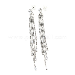 Clear Cubic Zirconia & Crystal Rhinestone Long Tassel Dangle Stud Earrings, Brass Earrings with 925 Sterling Silver Pins for Women, Platinum, Rectangle Pattern, 122mm, Pin: 0.8mm