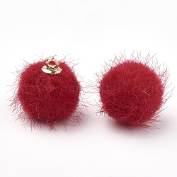 Faux Mink Fur Covered Pendants, with Brass Findings, Round, Golden, Red, 14x12mm, Hole: 1mm