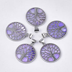 Freshwater Shell Pendants, with Alloy Findings, Dyed, Flat Round with Tree of Life, Platinum, Lilac, 37.5x33.5x3mm, Hole: 6x8.5mm