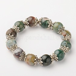 Natural Gemstone Round Bead Stretch Bracelets, with Antique Silver Plated Alloy Bead Caps, Indian Agate, 42mm