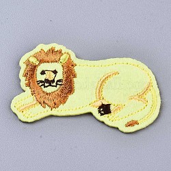 Apliques de león, Tela de bordado computarizada para planchar / coser parches, accesorios de vestuario, amarillo, 30x50x1.5mm