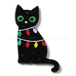 クリスマスアクリルパーツ  グリッターパウダー付き  猫  ブラック  40x23x2.5mm  穴：1.5mm