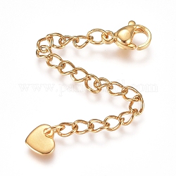 304 Stainless Steel Chain Extender, with Lobster Claw Clasps and Charms, Heart, Golden, 70.5mm, Link: 4x3x0.4mm, Clasp: 9.2x6.2x3.3mm, Charm: 5.2x5.5x1mm.