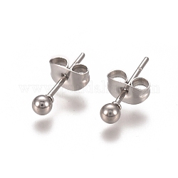 304 Stainless Steel Stud Earrings, Ball Stud Earrings, with Earring Backs, Stainless Steel Color, 14x3mm, Pin: 0.8mm