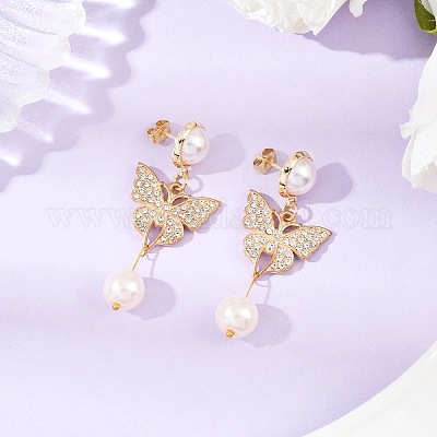 Латунные серьги-гвоздики с подвесками в форме бабочки EJEW-JE06461-01-1