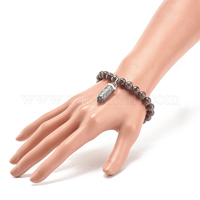 Эластичный браслет из натуральной снежинки из обсидиана с круглыми бусинами и подвеской в форме пули BJEW-JB08310-04-1