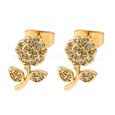 Серьги-гвоздики в форме цветка с микропаве из прозрачных кубических цирконий из латуни EJEW-K267-35G-1