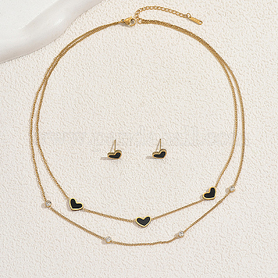 Комплект из двухслойного ожерелья и серег-гвоздиков в корейском стиле из нержавеющей стали в форме сердца ZA8434-1