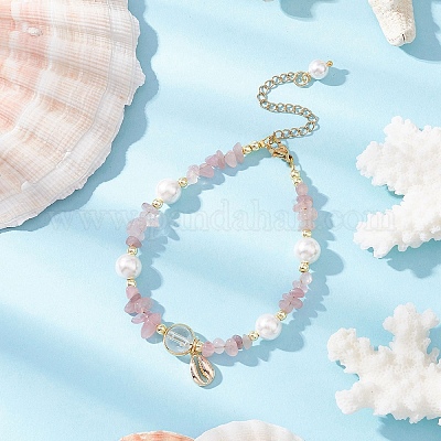 Браслеты из натурального розового кварца и кварцевых кристаллов с бусинами BJEW-JB11917-03-1