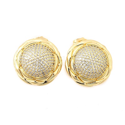 Латунные плоские круглые серьги-гвоздики с прозрачным кубическим цирконием EJEW-C147-06G-1