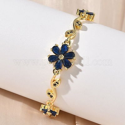 Браслеты-цепочки с цветами и листьями из латуни с микропаве из кубических цирконий для женщин BJEW-G764-03G-1