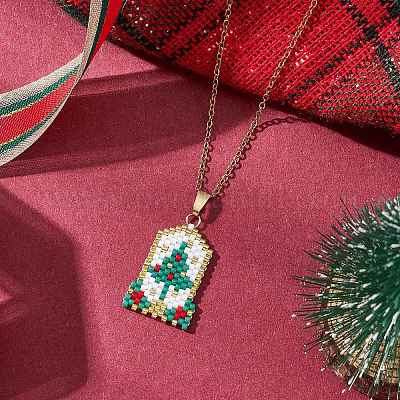 Прямоугольное ожерелье из стеклянных бусин с подвеской в виде рождественской елки из нержавеющей стали 304 для женщин NJEW-MZ00136-1