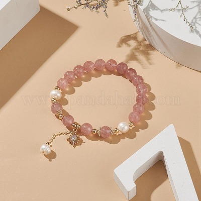 Эластичный браслет natura клубника с кварцем и жемчугом BJEW-JB09004-1