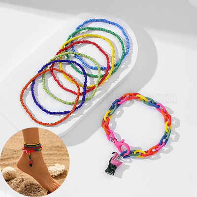 Комплекты многослойных браслетов на лодыжку из богемской смолы и стеклянных бусин WG187EB-15-1