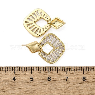 Серьги-гвоздики с ромбами из латуни с микропаве из прозрачных кубических цирконий EJEW-F373-02G-1