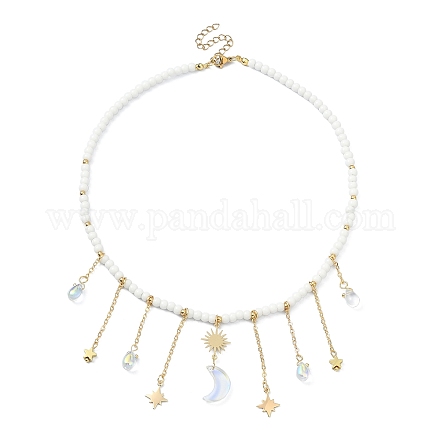 Halskette mit Mond- und Sternanhängern aus Messing und Glasperlenketten NJEW-TA00101-1