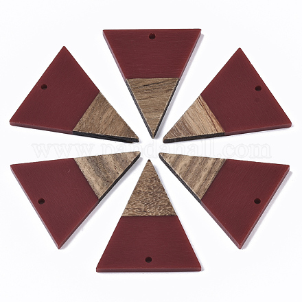 樹脂＆ウォールナットウッドペンダント  三角形  暗赤色  37x31x3.5mm  穴：1.8mm RESI-T035-06D-A-1