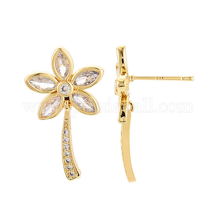 Серьги-гвоздики с цветочным узором из латуни с микропаве из прозрачных кубических цирконий EJEW-T047-50G-1