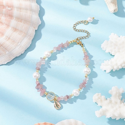 Браслеты из натурального розового кварца и кварцевых кристаллов с бусинами BJEW-JB11917-03-1