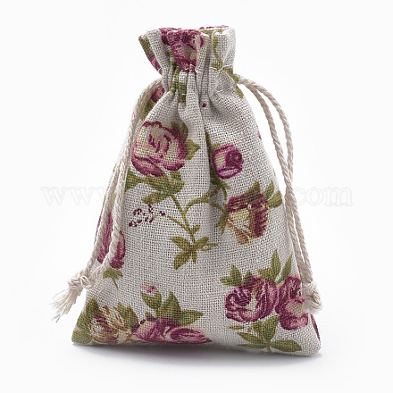 ポリコットン（ポリエステルコットン）パッキングポーチ巾着袋  印刷された花で  古いレース  14x10cm ABAG-T006-A10-1