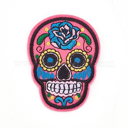 機械刺繍布地アイロンワッペン  マスクと衣装のアクセサリー  アップリケ  砂糖の頭蓋骨  メキシコの死者の祝日  ショッキングピンク  72.2x53x1.9mm DIY-WH0139-A01-1