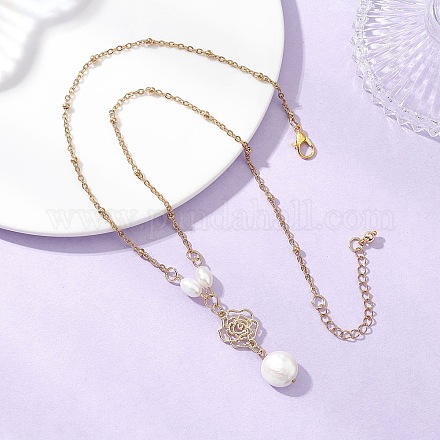 Женские ожерелья-спутники из нержавеющей стали 304 с плоским круглым кулоном в форме цветка из натурального жемчуга Кеши NJEW-JN05619-1