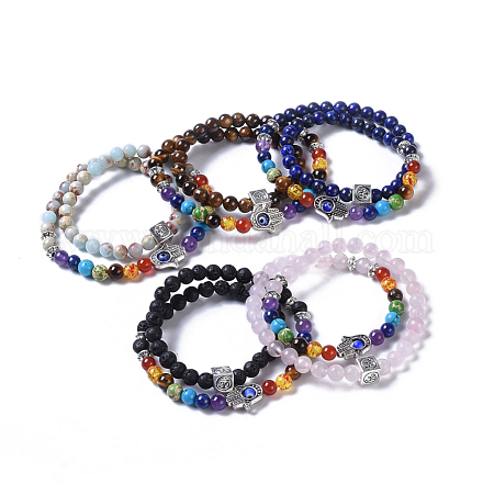 Two Loops Natural & Synthetic Gemstone Beads Warp Stretch Bracelets BJEW-JB04223-1