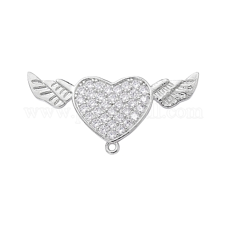 真鍮製マイクロパヴェクリアキュービックジルコニアブローチパーツ  カン付き  天使の羽を持つハート  プラチナ  34x16x6.5mm  穴：1.2mm JEWB-YW0001-02P-1