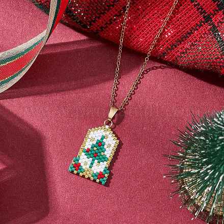 Прямоугольное ожерелье из стеклянных бусин с подвеской в виде рождественской елки из нержавеющей стали 304 для женщин NJEW-MZ00136-1