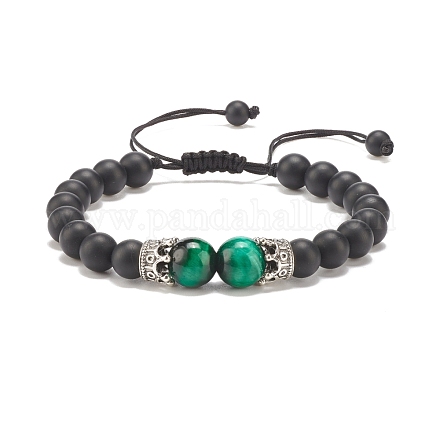 Bracelet en perles tressées en agate noire givrée naturelle (teinte) et œil de tigre avec couronne en alliage BJEW-JB08249-04-1