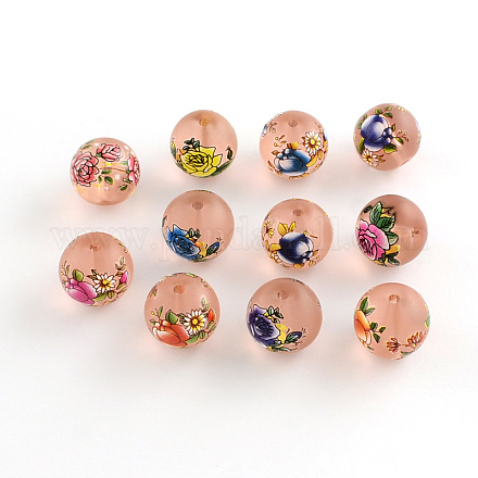 Flower Picture Glass Round Beads GFB-R004-14mm-M01-1