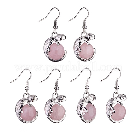 Natural Rose Quartz Chameleon Dangle Earrings with Crystal Rhinestone EJEW-A092-10P-18-1