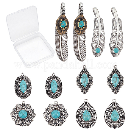 SUNNYCLUE 1 Box 12Pcs 6 Styles Synthetic Turquoise Charms Alloy Feather Teardrop Flower Tibetan Style Vintage Antique Silver Pendants for Jewelry Making Charms Bracelets Necklaces Supplies PALLOY-SC0003-64AS-1