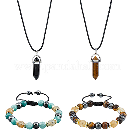 Fibloom – colliers à pendentif en forme de balle avec pierres précieuses naturelles mélangées et bracelet de perles tressées SJEW-FI0001-12-1