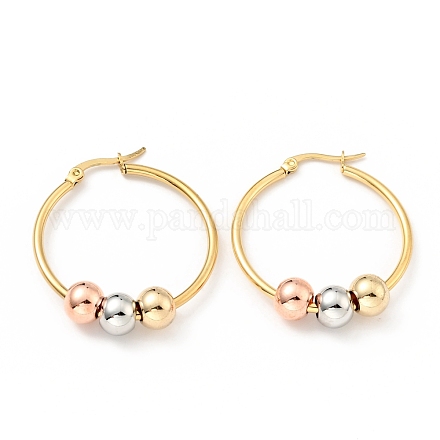 Vacuum Plating 201 Stainless Steel Beaded Ring Hoop Earrings with 316 Stainless Steel Pins for Women EJEW-F285-33A-A-1