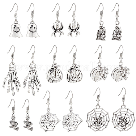 Anattasoul 9 paires 9 boucles d'oreilles pendantes en alliage de style araignée et château et sorcière et citrouille pour halloween EJEW-AN0002-92-1