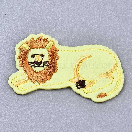 ライオンのアップリケ  機械刺繍布地手縫い/アイロンワッペン  マスクと衣装のアクセサリー  きいろ  30x50x1.5mm DIY-S041-045-1