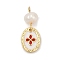 Natural Cultured Freshwater Pearl & Brass Pendants, with Enamel, Oval Charms, Rack Plating, Cadmium Free & Lead Free, Long-Lasting Plated, FireBrick, 22.5x9x5.5mm, Hole: 1.8mm