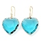 Glass Heart Dangle Earrings, Light Gold Brass Earrings, Cyan, 49x28mm