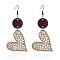 Iron Wood Dangle Earrings, with Imitation Leather, Golden, Heart, 85x40mm