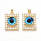 Brass Micro Pave Clear Cubic Zirconia Pendants for Women, Rectangle with Eye, with Resin, Real 18K Gold Plated, Light Sky Blue, 26~27x20x7~8mm, Hole: 3.5~4x5mm