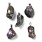 Electroplated Raw Natural Quartz Crystal Pendants, Nuggets Charms with Iron Findings, Platinum, Colorful, 31~42x18~35x8~33mm, Hole: 6.5x4.5mm