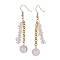 Round & Chip Natural Rose Quartz Dangle Earrings, Brass Tassel Earrings for Women, 62mm