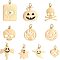 10Pcs 10 Style 304 & 316 Surgical Stainless Steel  Pendants, with Jump Rings and Rhinestone, Halloween Theme, Mixed Shape, Real 14K Gold Plated, 8~11x2~12x1mm, Jump Ring: 2.7~3.8x0.4~0.6mm, Inner Diameter: 1.9~2.6mm, 1pc/style